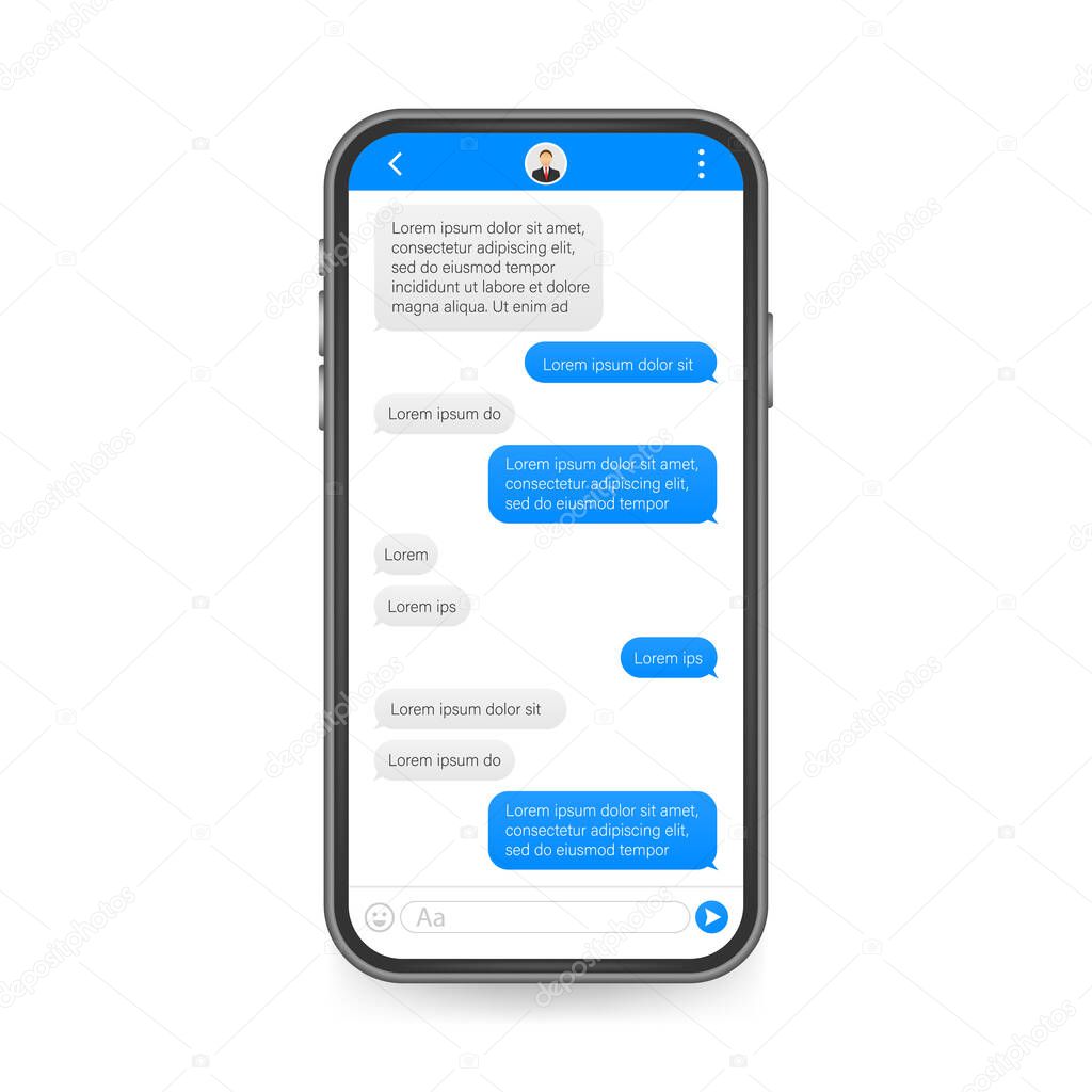 Chat Interface Application with Dialogue window. Clean Mobile UI Design Concept. Sms Messenger. Vector stock illustration.