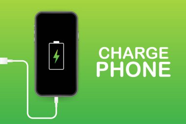 Akıllı telefon şarj adaptörü ve elektrik prizine, düşük pil bildirimi. Hisse senedi vektör çizim.