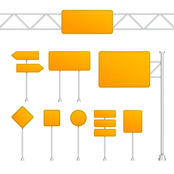 Sárga útjelző táblák fehér alapon elszigetelve. Vektorállomány illusztrációja — Stock Vector