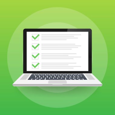 Mobil kontrol listesi tarayıcı penceresi. İşaretle. Laptop ekranında beyaz kene. Seçim, araştırma kavramları. Vektör stok illüstrasyonu.