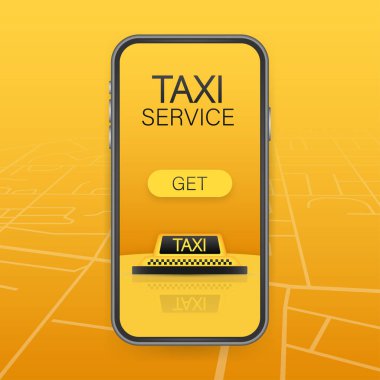 Taksiye bin. Taksi afişi. Çevrimiçi mobil uygulama siparişi taksi servisi yatay resimleme. Vektör stok illüstrasyonu.