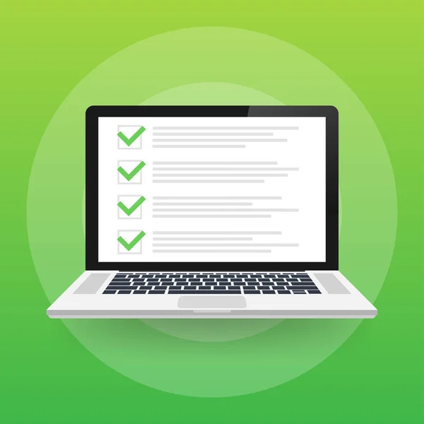 Mobilecheckliste-Browserfenster. Häkchen setzen. Weißes Häkchen auf dem Laptop-Bildschirm. Wahlmöglichkeiten, Umfragekonzepte. Vektoraktiendarstellung. — Stockvektor