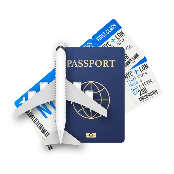 여권, 기차표, 비행기. 여행 컨셉. 예약 서비스 또는 여행 에이전시 사인. 광고 깃발. 벡터 주식 삽화. — 스톡 벡터