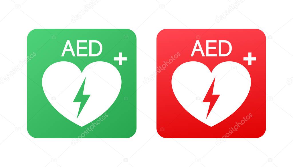 Emergency first aid defibrillator sign. White heart icon and white cross icon. Vector stock illustration