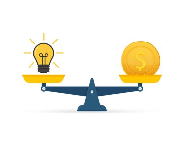 Light bulb idea and money on scales. Vector stock illustration clipart