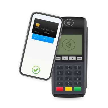 Temassız Ödeme Yöntemleri Mobil Akıllı Telefon ve Kablosuz POS Terminal Gerçekçi Tarzı. Vektör stok illüstrasyonu.
