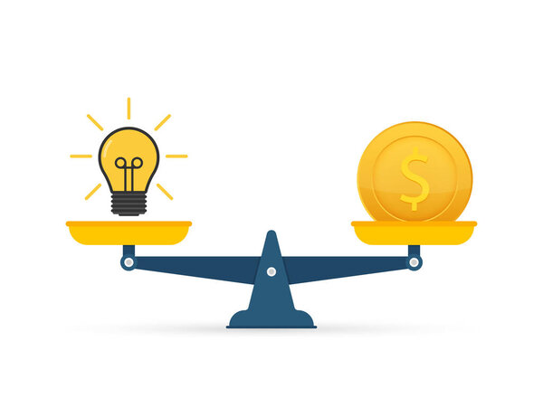 Light bulb idea and money on scales. Vector stock illustration