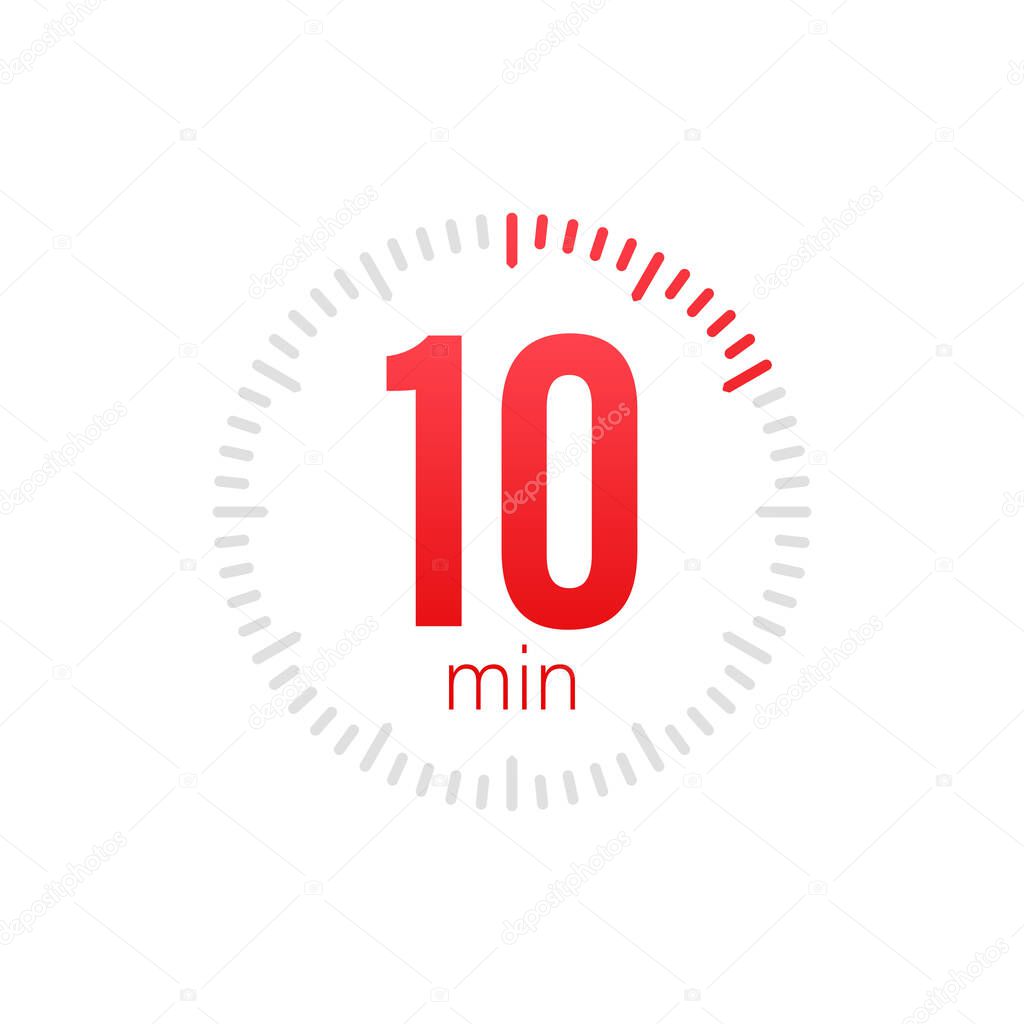 The 10 minutes, stopwatch vector icon. Stopwatch icon in flat style, 10 minutes timer on on color background. Vector stock illustration