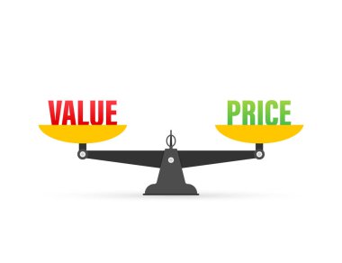 Değer ve fiyat dengesi terazide. Ölçekte denge. İş kavramı. Vektör illüstrasyonu