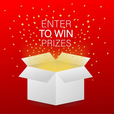 Kazanma Ödülleri 'ne girin. Kırmızı Hediye Kutusu ve Konfeti 'yi aç. Vektör stoku İllüstrasyonu