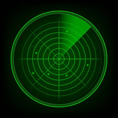Araştırmadaki gerçekçi radar. Hedeflerle radar ekranı. Vektör stok illüstrasyonu
