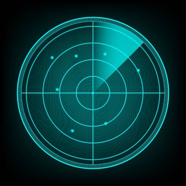 Araştırmadaki gerçekçi radar. Hedeflerle radar ekranı. Vektör stok illüstrasyonu