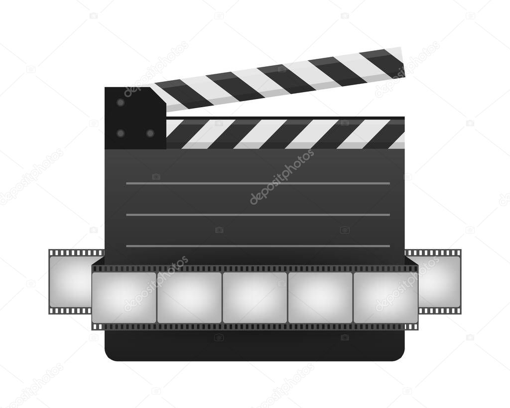 Black closed clapperboard and film strip. Black cinema slate board, device used in filmmaking and video production. Realistic vector stock illustration