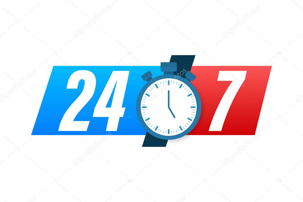 24-7 service concept. 24-7 open. Support service icon. Vector stock illustration