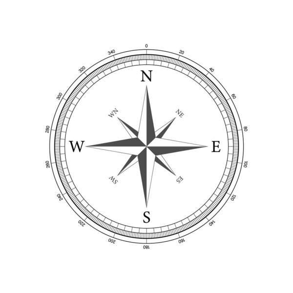 Компас на белом фоне. Плоский векторный навигационный символ. Векторная иллюстрация