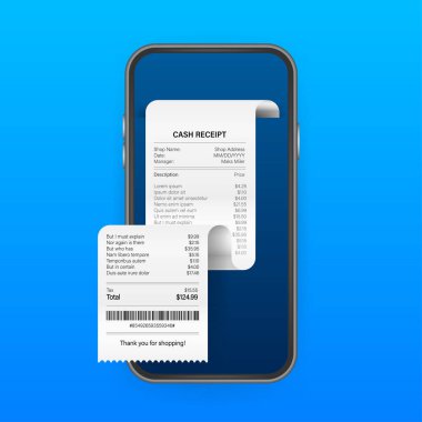 Akıllı telefon ekranı makbuzu. Mobil uygulama tasarımı için internet üzerinden vergi makbuzu ödeyin. Mobil banka uygulaması. Vektör stok illüstrasyonu
