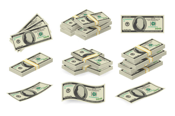 Various money bills dollar cash paper bank notes vector set. Money cash heap. Vector stock illustration.