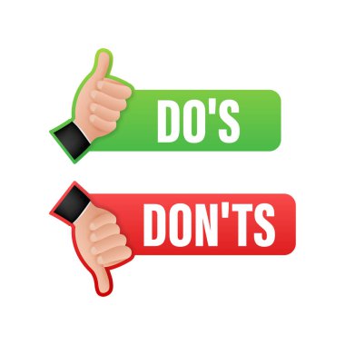 Dos and Donts iyi mi kötü mü sever. düz, basit, başparmak yukarı sembolü, minimal yuvarlak logotip element, beyaz üzerine izole grafik tasarımı ayarladı. Vektör stok illüstrasyonu