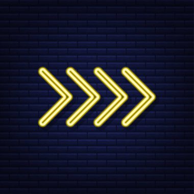Sarı ok neonlu şablon mavi arkaplan. Neon parıldayan ok işaretçisi. Vektör stok illüstrasyonu