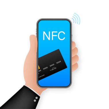 Cep telefonu ödemesi. Ödenecek musluk. NFC akıllı telefon konsepti düz simge. Saha iletişimine yakın. Vektör stok illüstrasyonu
