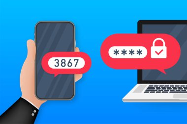 İki adım doğrulama vektör illüstrasyonu, düz çizgi film akıllı telefonu ve bilgisayar güvenliği girişi veya imzası. Vektör stok illüstrasyonu