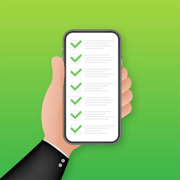 Πράσινο Smartphone Λίστα Ελέγχου Εικονογράφηση Διανύσματος Πράσινο Τικ Επίπεδη Λίστα — Διανυσματικό Αρχείο