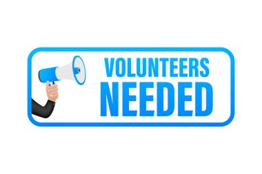 Gönüllülerle birlikte megafon etiketi. Megafon bayrağı. Web tasarımı. Vektör stok illüstrasyonu