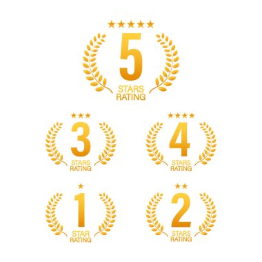 5 yıldız puanı. Beyaz arkaplanda simgeler olan bir rozet. Vektör illüstrasyonu