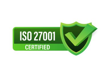 ISO 27001 sertifikalı rozet, ikon. Sertifika damgası. Düz tasarım vektörü