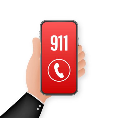 911 akıllı telefonu düz stil. Simge vektörünü ara. El ele tutuşan akıllı telefon. İlk yardım. Parmak dokunuşu ekranı. Vektör stok illüstrasyonu.