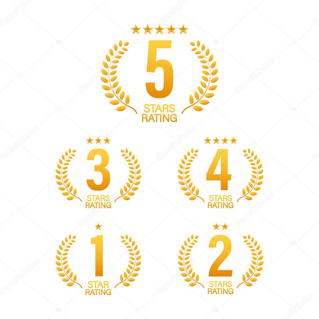5 star rating. Badge with icons on white background. Vector illustration