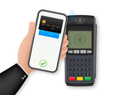 Temassız Ödeme Yöntemleri Mobil Akıllı Telefon ve Kablosuz POS Terminal Gerçekçi Tarzı. Vektör stok illüstrasyonu.