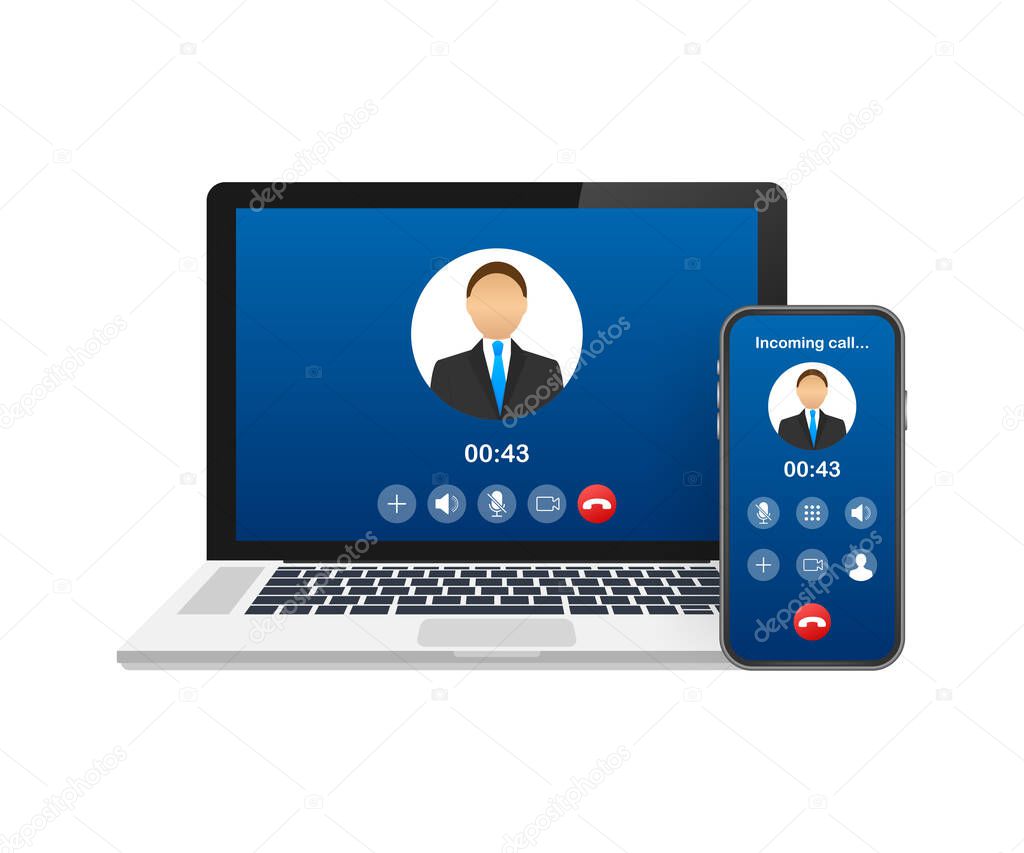 Incoming video call on laptop. Laptop with incoming call, man profile picture and accept decline buttons. Vector stock illustration