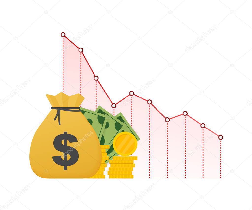 Money loss. Cash with down arrow stocks graph, concept of financial crisis, market fall, bankruptcy. Vector stock illustration