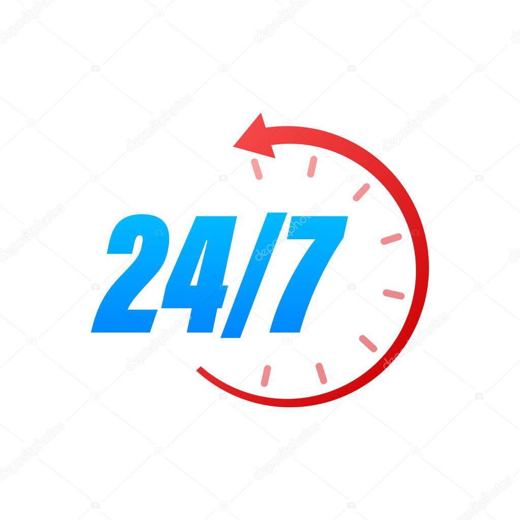 24-7 service concept. 24-7 open. Support service icon. Vector stock illustration