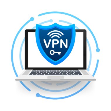 Güvenli VPN bağlantı konsepti. Sanal özel ağ bağlantı genel görünümü. Vektör stok illüstrasyonu
