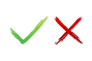 Kene ve çapraz işaretler. Yeşil işaret tamam ve kırmızı X simgesi. Semboller EVET ve Oy için HAYIR. Vektör stok illüstrasyonu