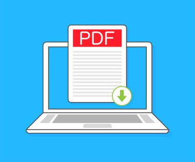 PDF düğmesini laptop ekranına indir. Belge konsepti indiriliyor. PDF etiketli ve aşağı ok işaretli dosya. Vektör illüstrasyonu.