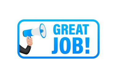 Harika bir işi olan el ele tutuşan megafon. Megafon bayrağı. Web tasarımı. Vektör stok illüstrasyonu