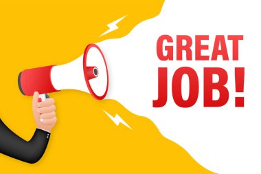 Harika bir işi olan el ele tutuşan megafon. Megafon bayrağı. Web tasarımı. Vektör stok illüstrasyonu