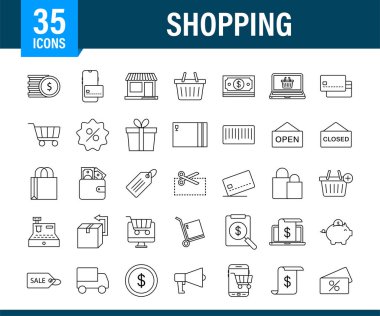 Web tasarımı için alışveriş seti simgesi. E ticaret. İndirim kuponu. İş ikonu. Fiyat etiketi Çizgi vektörü. Vektör stok illüstrasyonu.