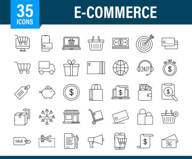 Web tasarımı için alışveriş seti simgesi. E ticaret. İndirim kuponu. İş ikonu. Fiyat etiketi Çizgi vektörü. Vektör stok illüstrasyonu.