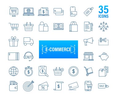 Web tasarımı için alışveriş seti simgesi. E ticaret. İndirim kuponu. İş ikonu. Fiyat etiketi Çizgi vektörü. Vektör stok illüstrasyonu.