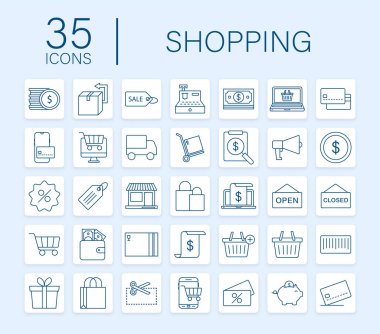 Web tasarımı için alışveriş seti simgesi. E ticaret. İndirim kuponu. İş ikonu. Fiyat etiketi Çizgi vektörü. Vektör stok illüstrasyonu.