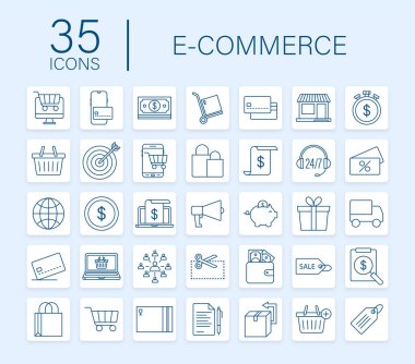Web tasarımı için alışveriş seti simgesi. E ticaret. İndirim kuponu. İş ikonu. Fiyat etiketi Çizgi vektörü. Vektör stok illüstrasyonu.