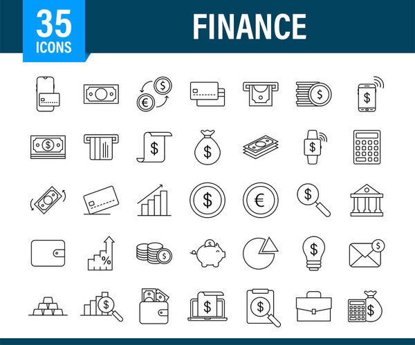 Money, finance, payments. Set outline web icon. Vector stock illustration.