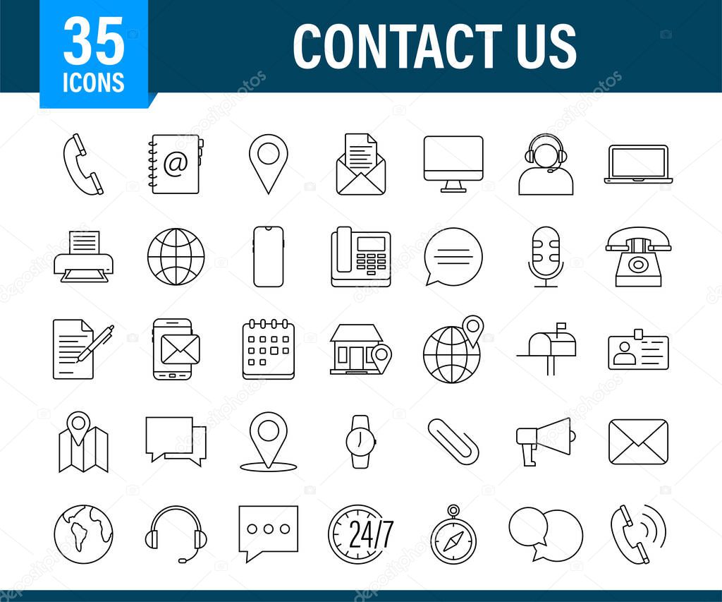 Trendy icon with contact us Thin line business icon set. for web design. Vector stock illustration.