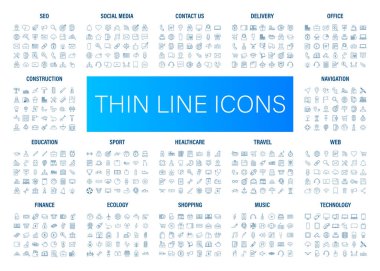 Simge setiyle çizim seti. İnce çizgi. Sosyal medya, teknoloji, seo, lojistik, eğitim, spor, ilaç, seyahat, hava durumu, inşaat, finans, bizimle iletişime geç, müzik. Vektör stok illüstrasyonu.