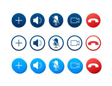 Video çağrı düğmeleri seti. Web tasarımı. Mobil uygulama tasarımı için video arama düğmeleri. Vektör stok illüstrasyonu.