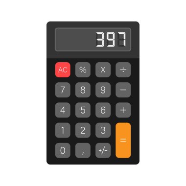 Siyah hesap makinesi beyaz arkaplan. Modern tasarım. Elektronik taşınabilir hesap makinesi. Vektör stok illüstrasyonu.